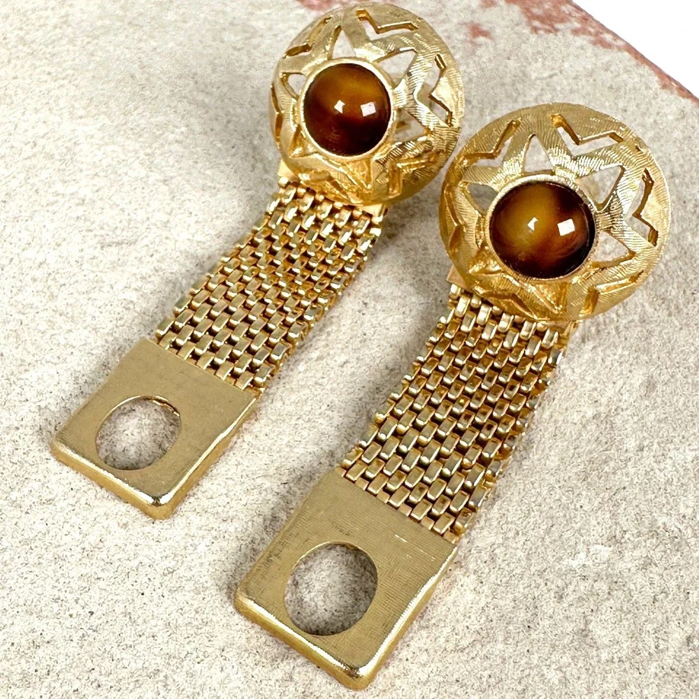 Vintage Gold Tone Mesh Cufflinks Tiger's Eye‎ Cabochon Starburst 1960s-70s Retro